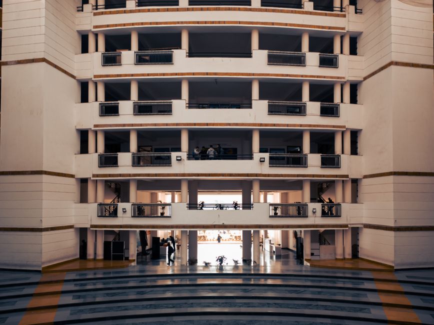 The central atrium of the senior school building with balconies on five floors